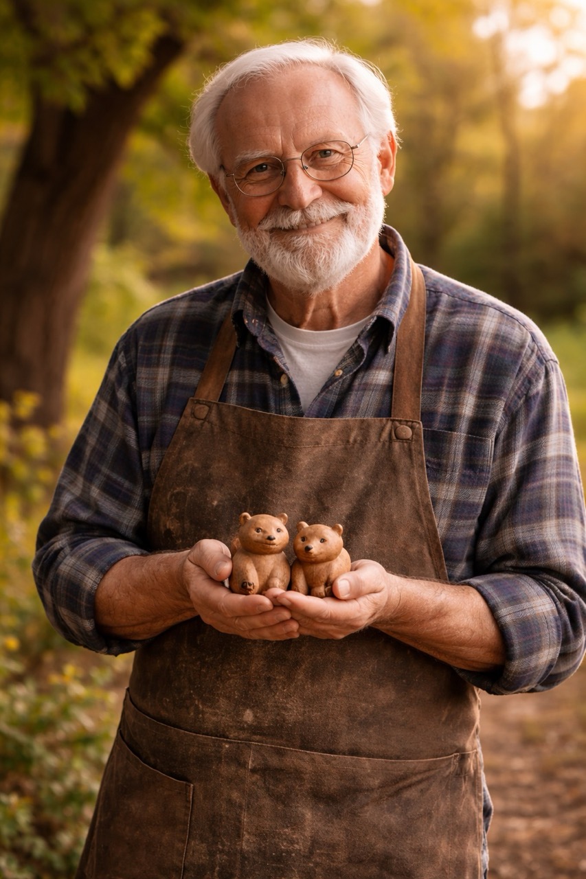 Elias standing outdoors, holding two small carved bear figures in his hands